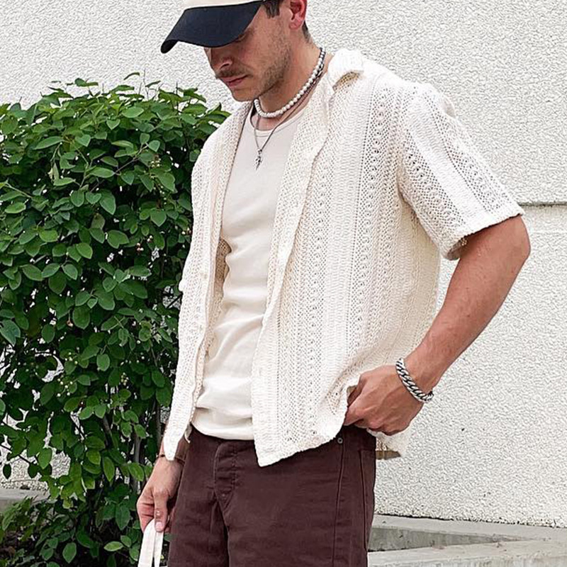 Casual Draping Hollow Lace Shirt Men's Shirt European Station Men's Casual Fashion Boys Short Sleeve Wholesale