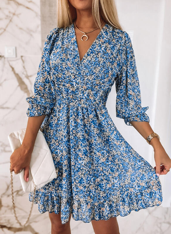 2023 European and American Cross-border New Mid-length Dress with Waisted Pullover Bohemian Printed Short-sleeved Floral Dress