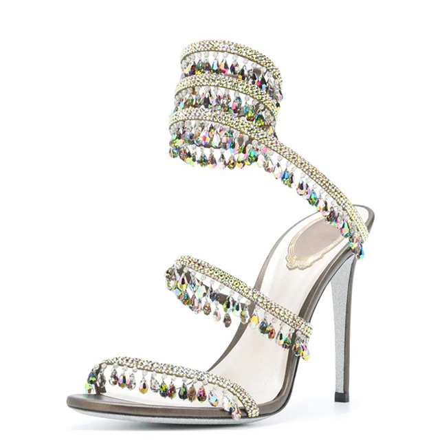 2023 spring and summer new rhinestone gem ankle winding snake-shaped high heel sandals sexy European and American cross-border large size shoes for women