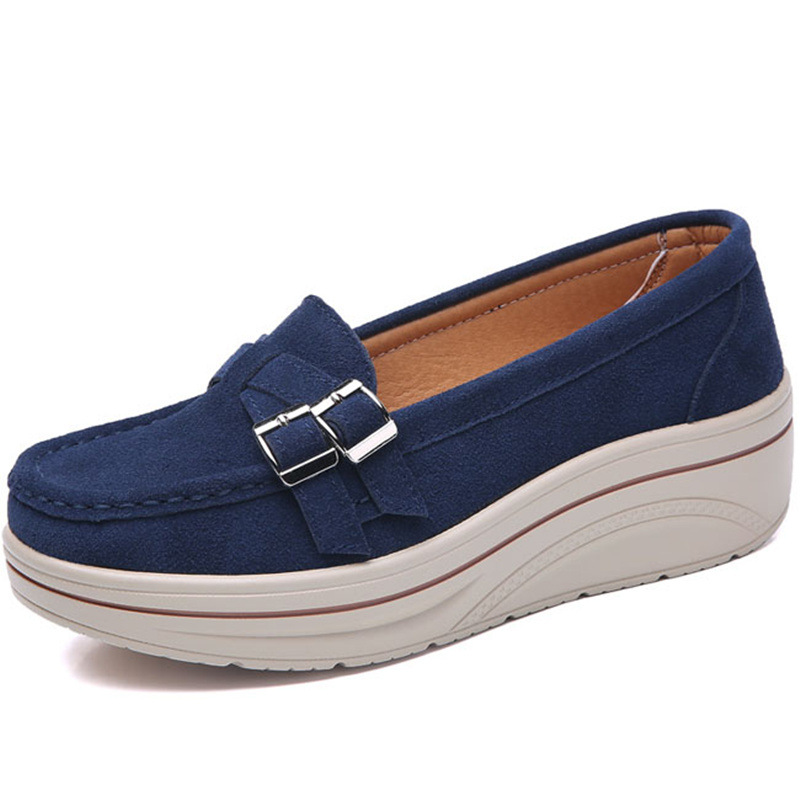 Spring and autumn thick-soled platform cake heel cowhide slip-on casual women's shoes frosted velvet leather mid-heel large-size women's shoes