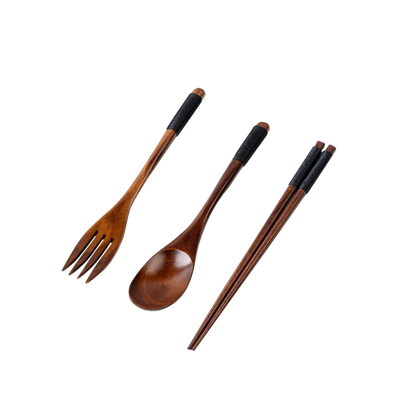 Japanese Style Internet Celebrity Western-style Gift Tableware Wooden Spoon New Style Wrapped Chopsticks Creative Portable Spoon Chopsticks Fork Three-piece Set
