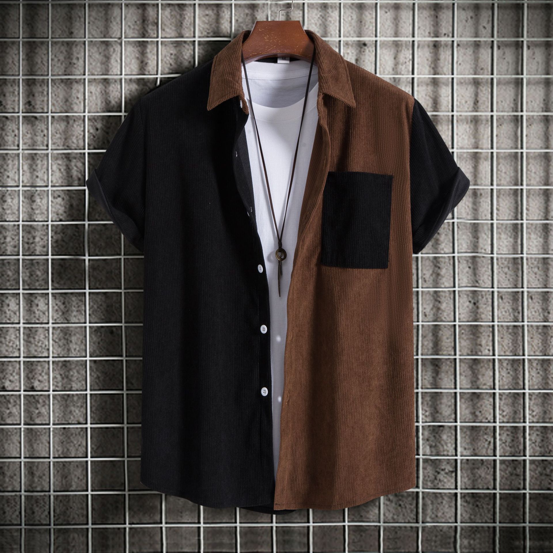 2024 summer European and American European size stitching youth lapel short sleeve shirt men's corduroy lapel striped short sleeve shirt