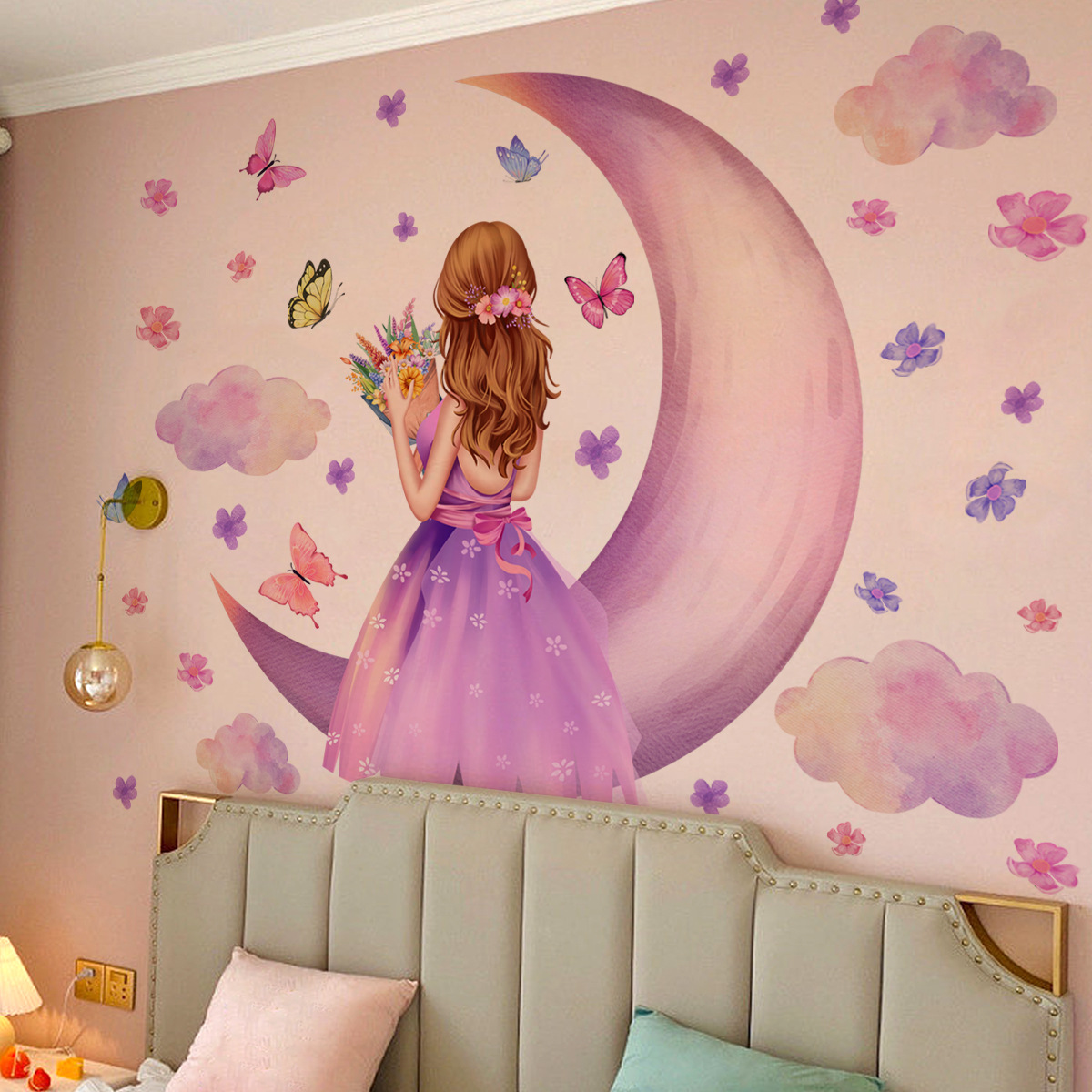 MS8618 New Moon Girl Bouquet Star Butterfly фон декоративная настенная наклейка для спальни девушки самоклеящаяся Настенная Наклейка