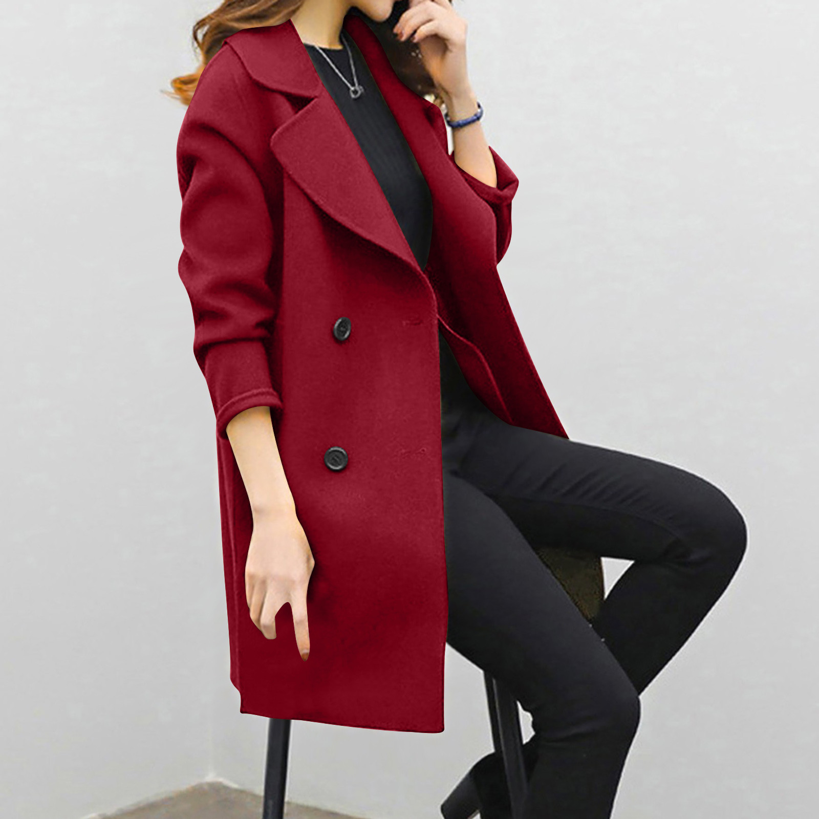 Woolen coat mid-length double-breasted long sleeve solid color woolen coat for women_voghion.com