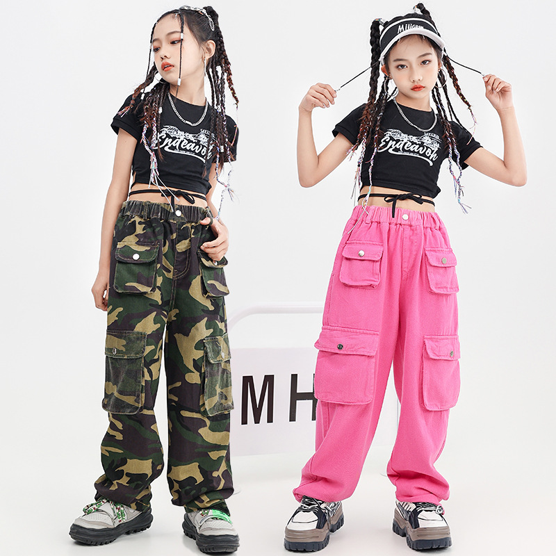 爵士舞服裝女童六一演出服粉色工裝褲少兒jazz表演出服裝夏季女孩
