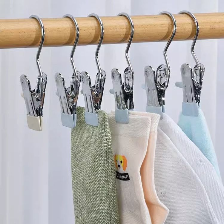 Multi-function Clip with Hook Non-marking Stainless Steel Clothes Pin Single Hook Pants Rack Pants Clip Skirt Household Single Small Clip