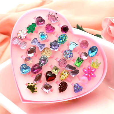 New 36 Children's Resin Cartoon Gem Ring Kindergarten Little Girl Plastic Ring Set Handset