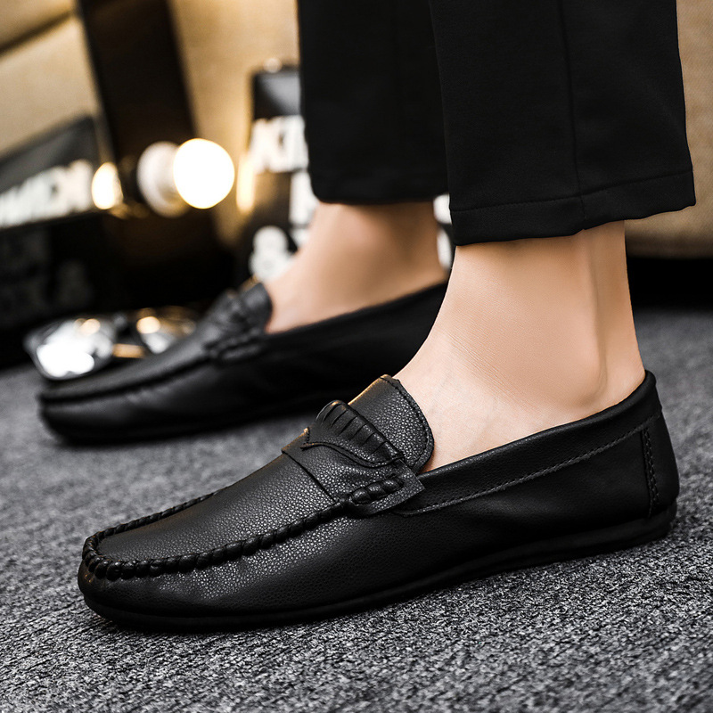 Spring and Summer Men's Shoes Low-top Bean Shoes All-match Casual Shoes Breathable Leather Shoes Black Work Shoes Slip-on