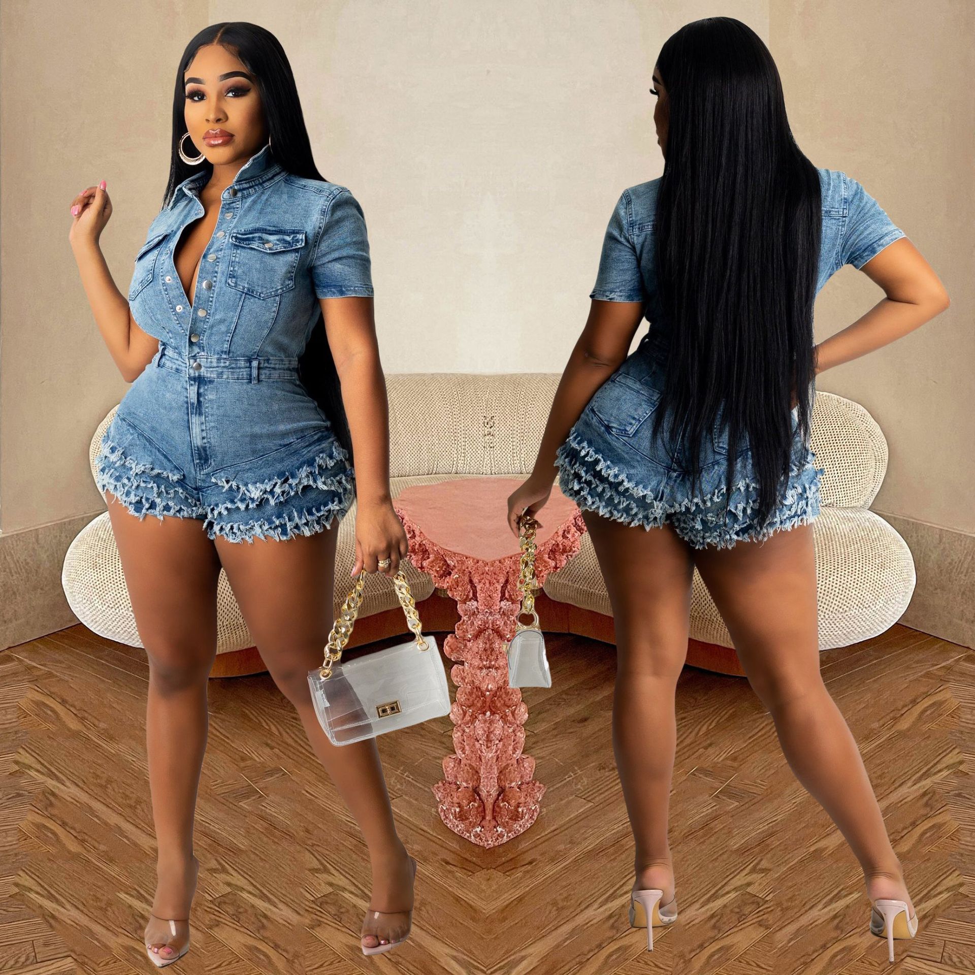 6940 Amazon European and American Women's Cross-border New Fashion Denim Women's Slim Fit Raw Edge Tassel Denim Jumpsuit