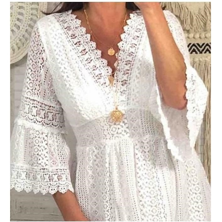 Amazon 2023 Spring New Lace Dress European and American Foreign Trade V-Neck Hollow Lace Flare Sleeve Dress