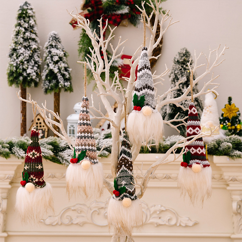 Christmas knitted hat with light faceless doll pendant atmosphere layout luminous old man little doll tree pendant_voghion.com