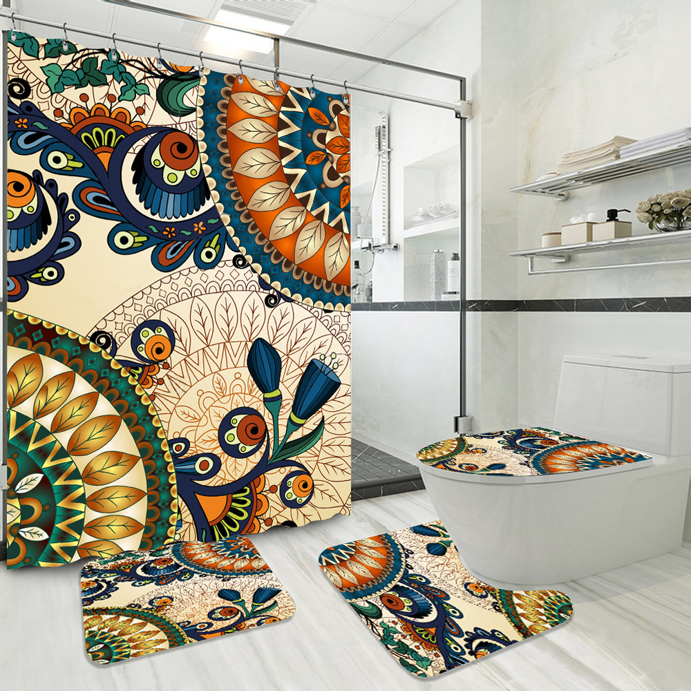 Factory Direct Supply Amazon Hot 3D Digital Printing Polyester Shower Curtain Waterproof Bathroom Shower Curtain Four-piece Set