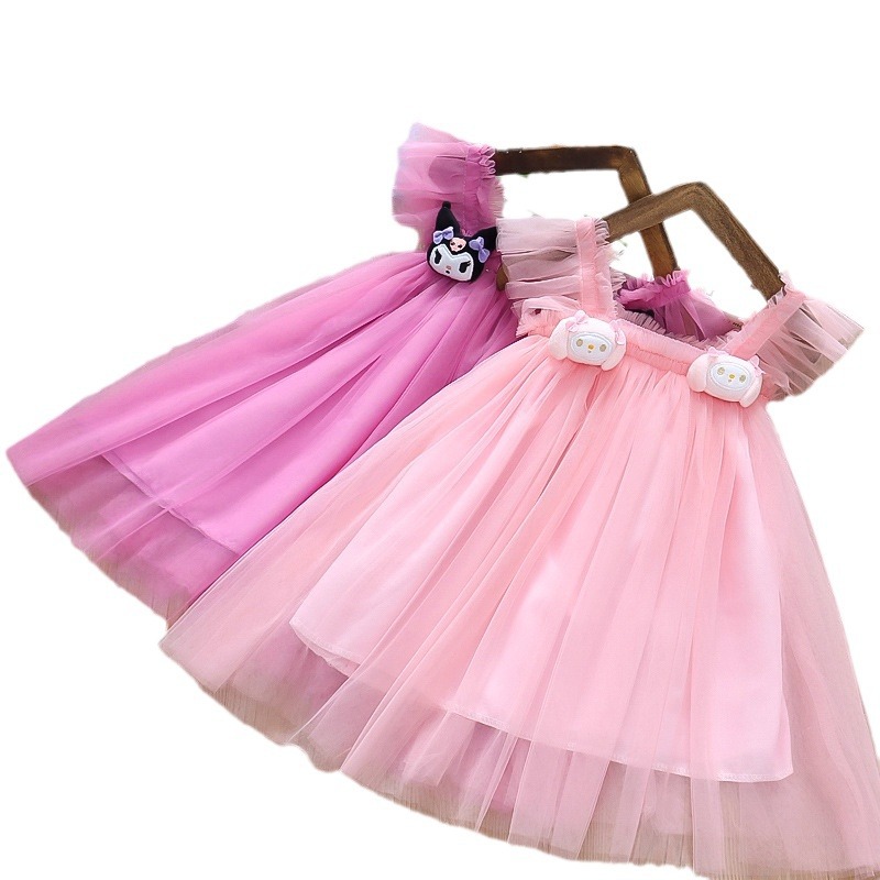 2025 New Small Flying Sleeve Girl's Mesh Skirt dress Western Style Summer Wear Thin Strap Princess Mesh Skirt