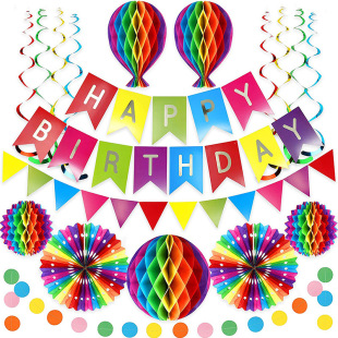 Birthday party decoration colorful honeycomb ball suit pennant birthday pull flag banner round piece pull flower black gold suit
