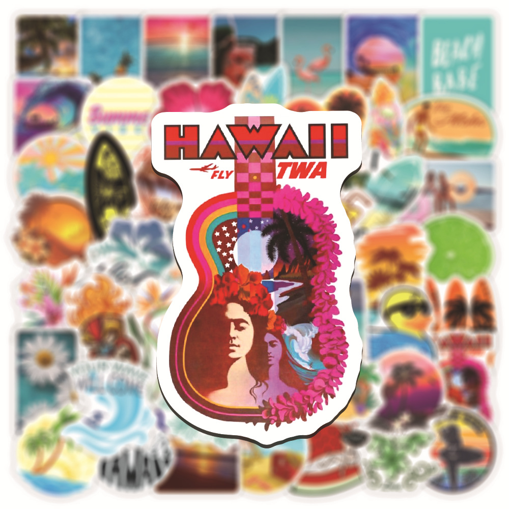 50 pieces seaside summer stickers Beach surfing holiday fresh Hawaiian water cup waterproof graffiti stickers