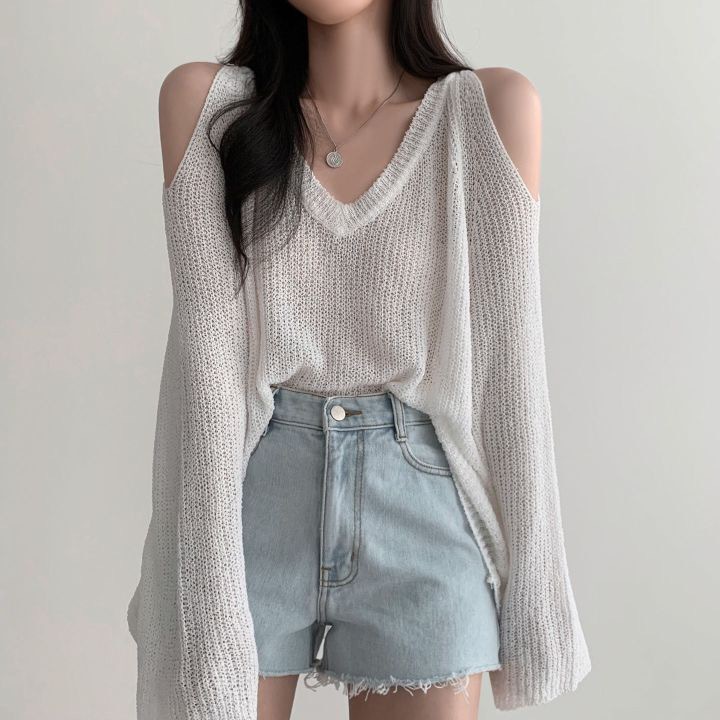 South Korea chic elegant V-neck off-shoulder loose lazy versatile casual sun protection solid color long sleeve sweater women's top_voghion.com