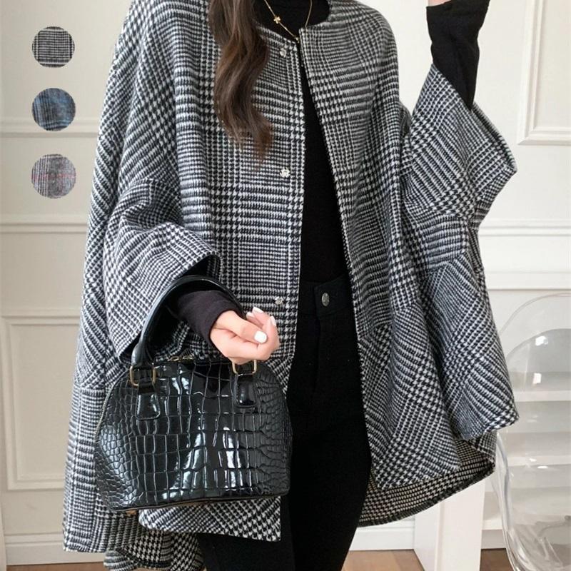 Mid-length cardigan round neck plaid coat cape for women 2024 autumn and winter New Korean style fashion trendy coat for women_voghion.com