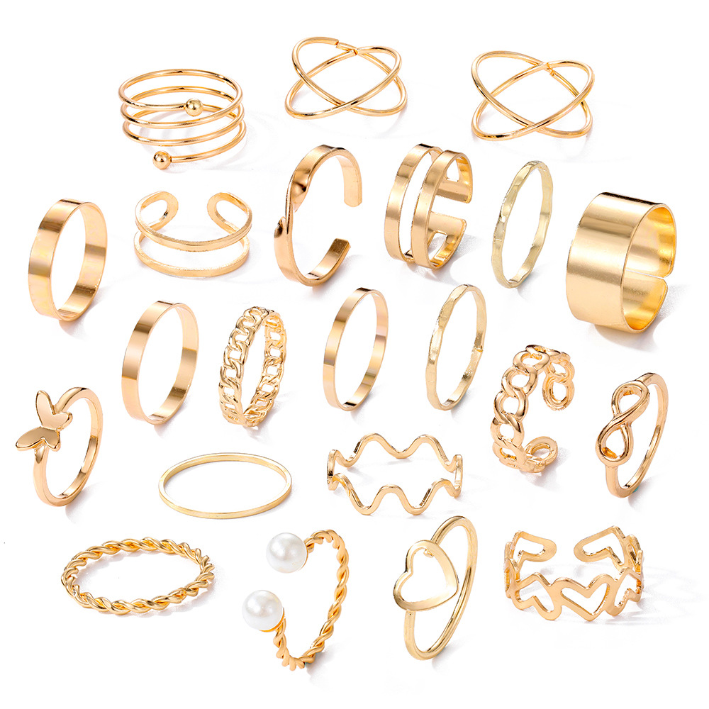 Mu Shang AliExpress Hot-selling Open Multi-joint Ring suit Women's Niche Hollow Love Butterfly Ring 22-piece Set