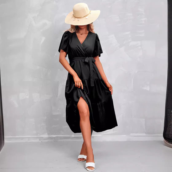 Foreign Trade Women's Clothing Amazon Explosions Cross-border European Goods Summer New Hot Solid Color V-neck Short-sleeved Dress
