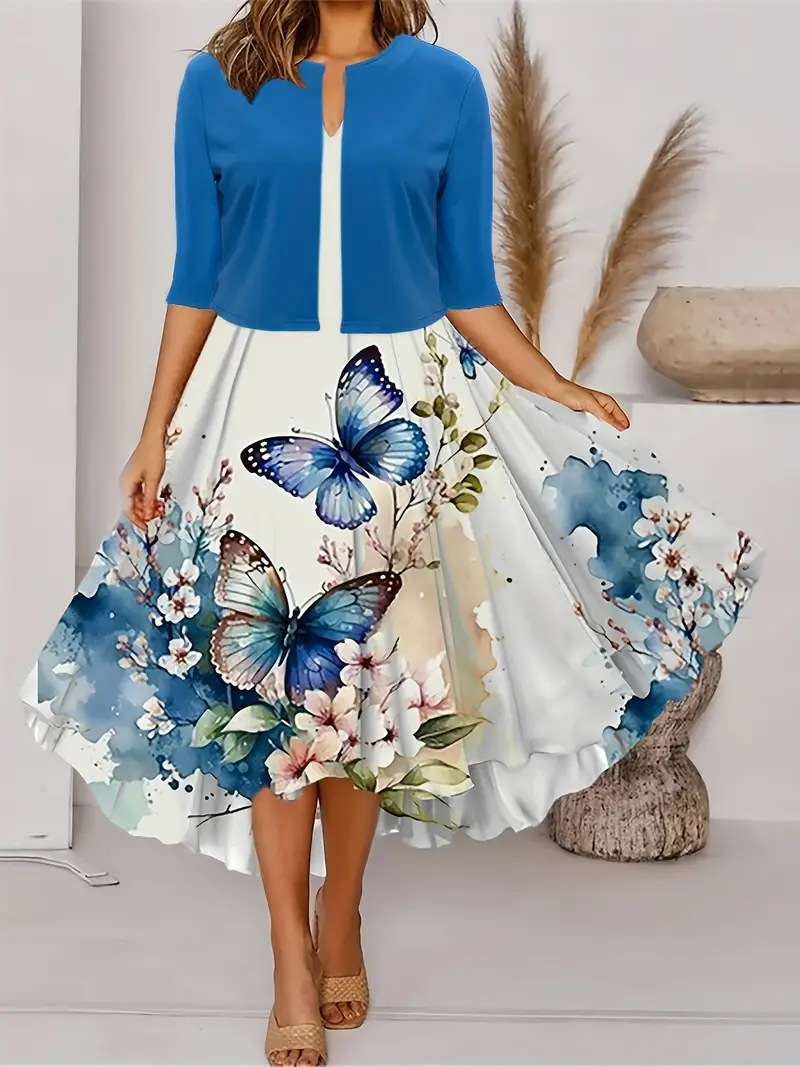 2023 European and American Amazon autumn new women's long dress two-piece set flowers and plants printed round neck dress coat for women