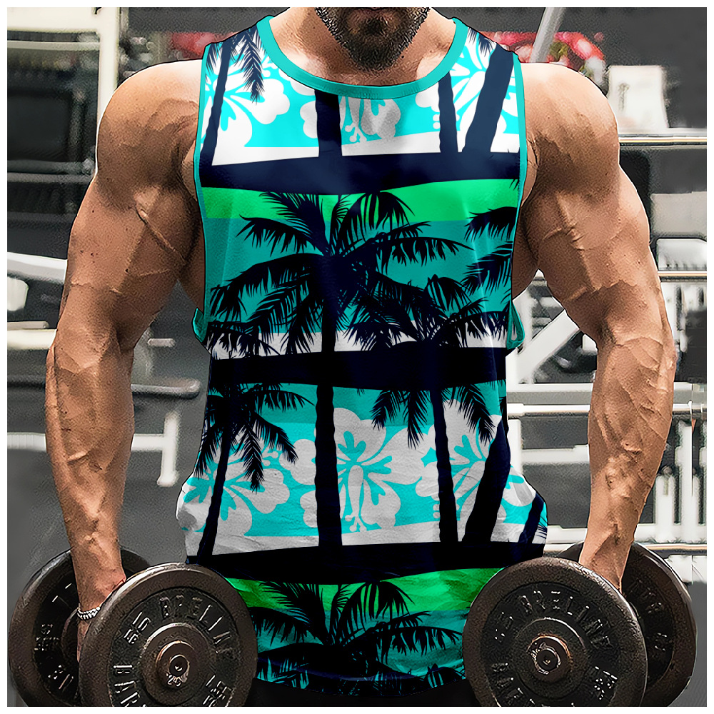 2023 European and American Cross-border New Hawaiian Style Coconut Tree Pattern 3D Digital Printed Loose Men's Vest