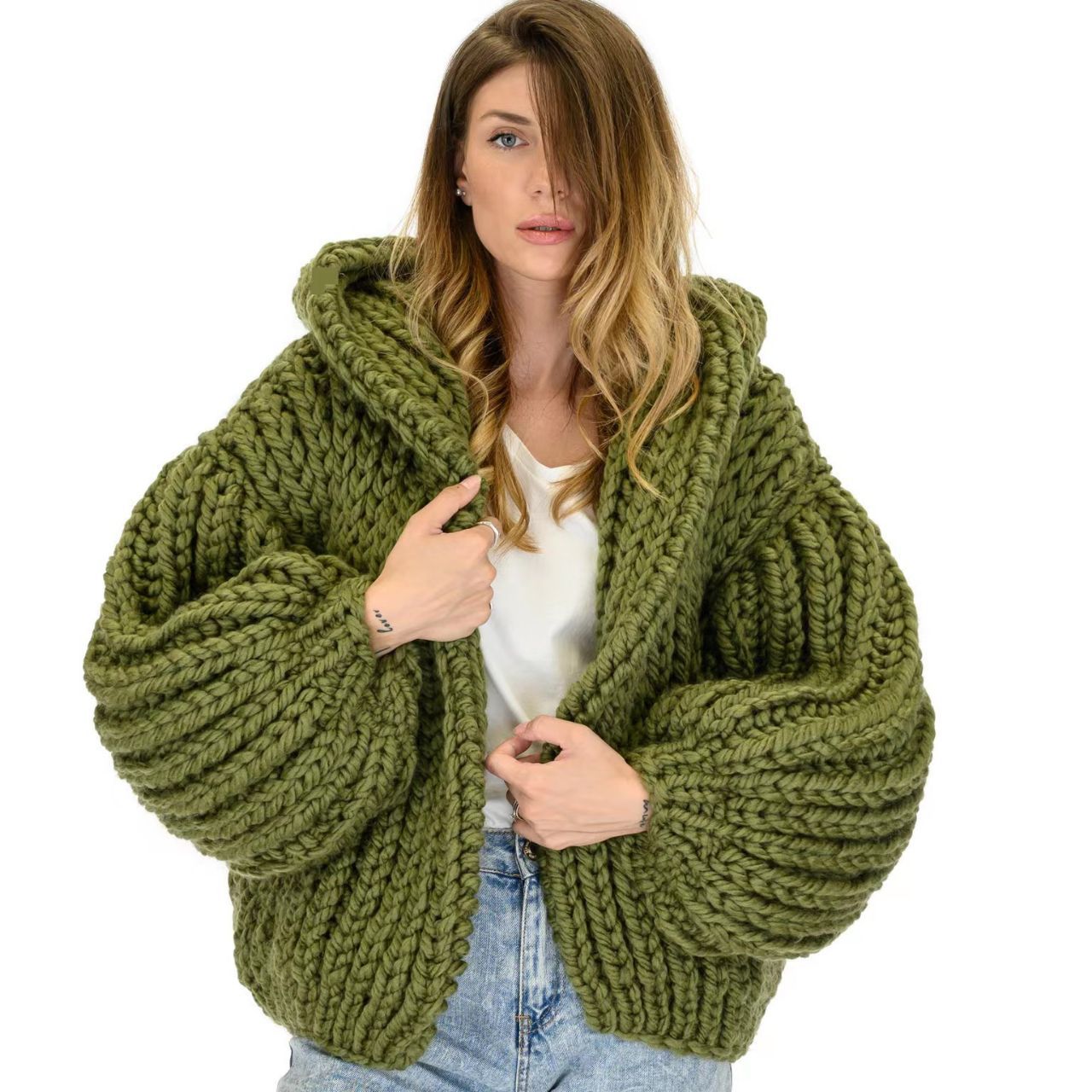 Grenzüberschreitender, lockerer, fauler Kapuzen-Strickpullover, handgefertigter Strickpullover für Damen_voghion.com