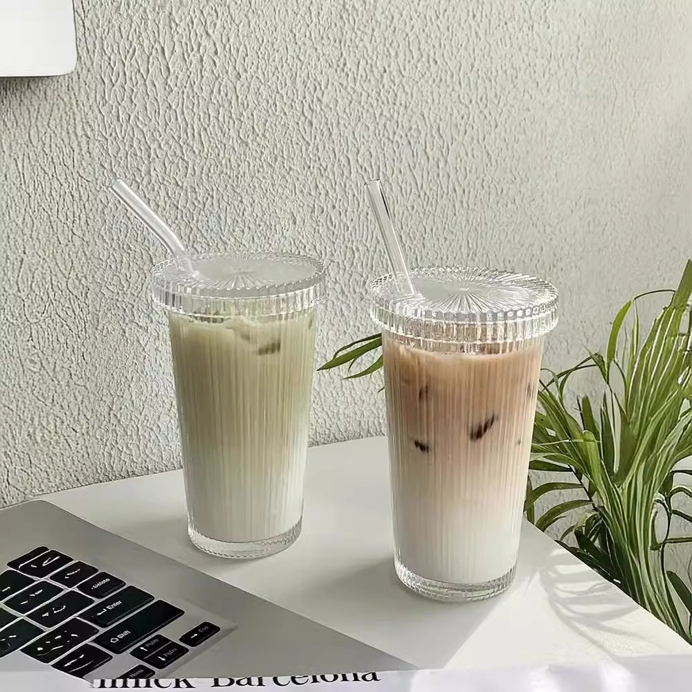 Vertical pattern coffee cup ins style household simple straw glass cup with lid face value milk tea latte cup drinking cup