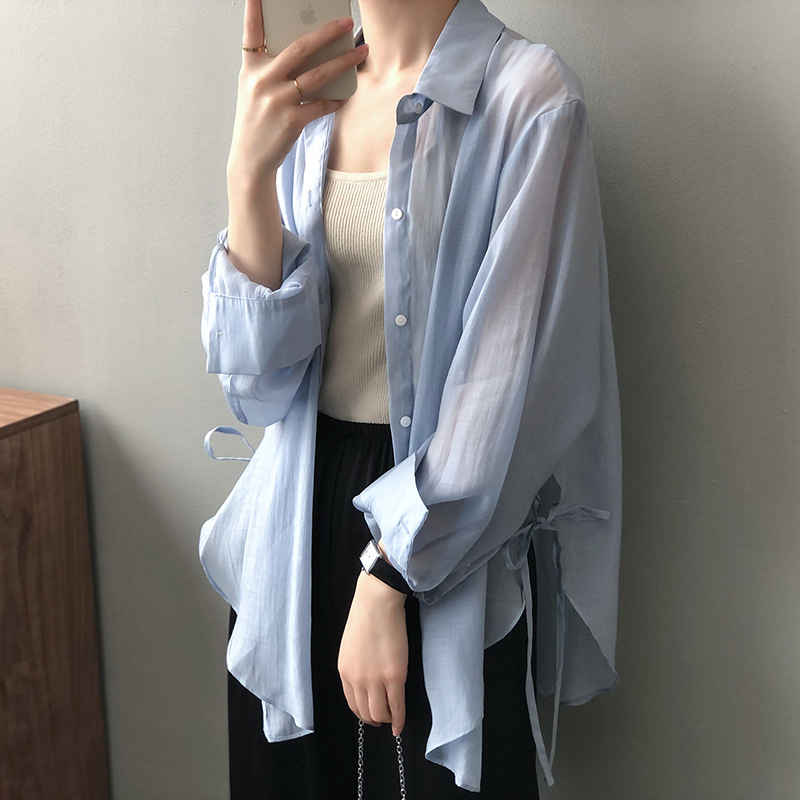 Words Double Strap Design Sense Shirt Women's 2024 Summer New Korean Style Shirt Lightweight Loose Sun Protection 3117