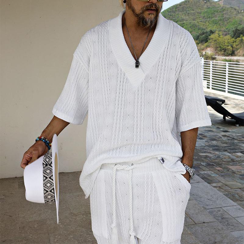 Casual sweater suit men's summer loose short-sleeved T-shirt shorts men's woolen suit men's 2023 Summer new