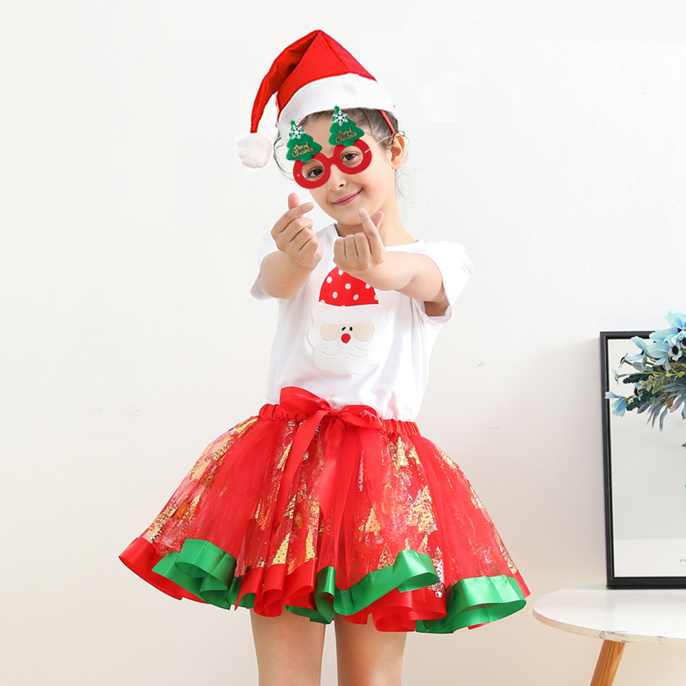 Christmas Printed Girl's Tutu Dress Headband Eye Mask Magic Wand Four-piece Holiday Party Mesh Half-length Skirt