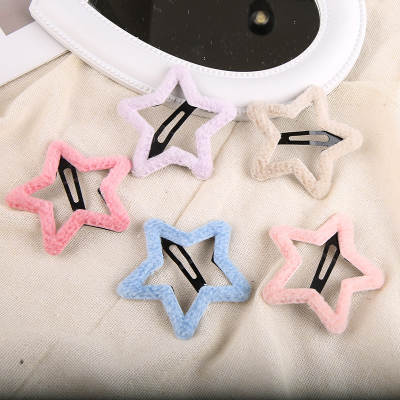 Autumn and winter New Baby plush five-pointed star hairpin candy color side back head fresh cute girl broken hairpin