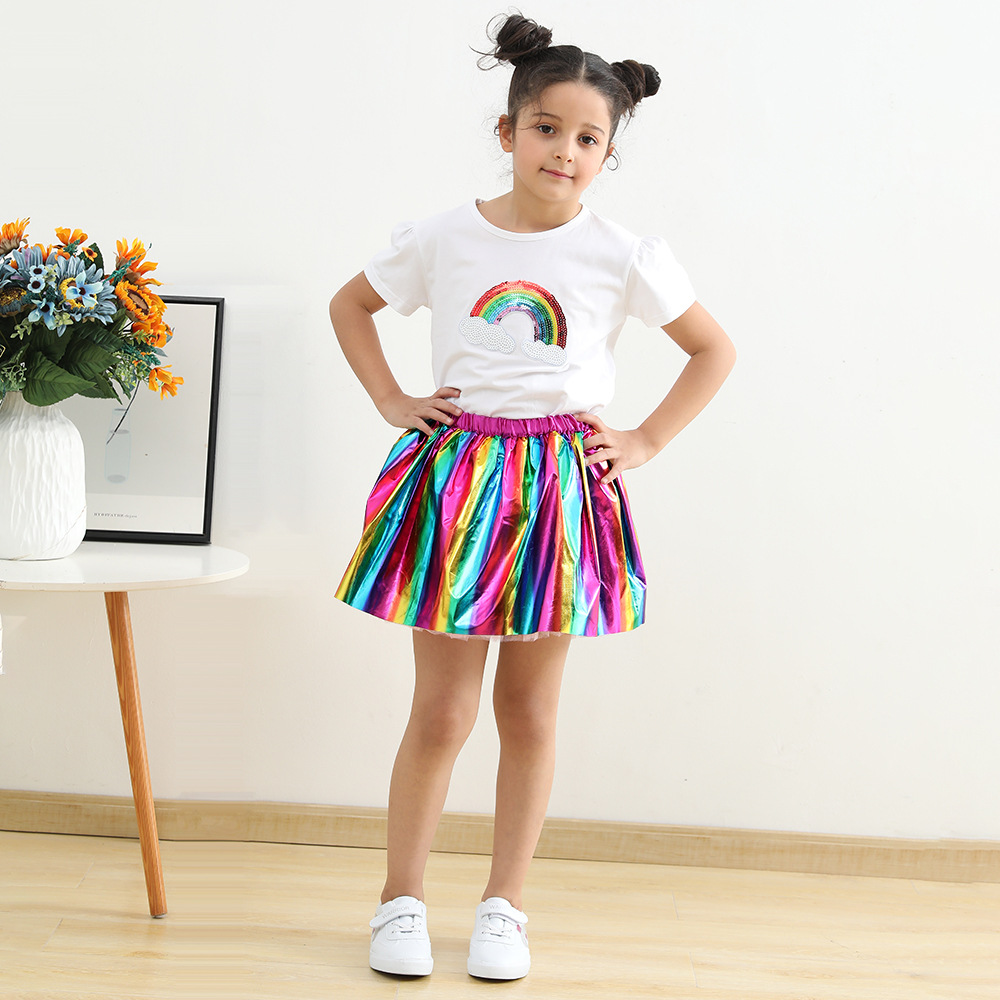 2023 New Bronzing Rainbow Skirt Party Performance Girls' Skirt Lined with Mesh tutu Skirt European and American Children's Wear