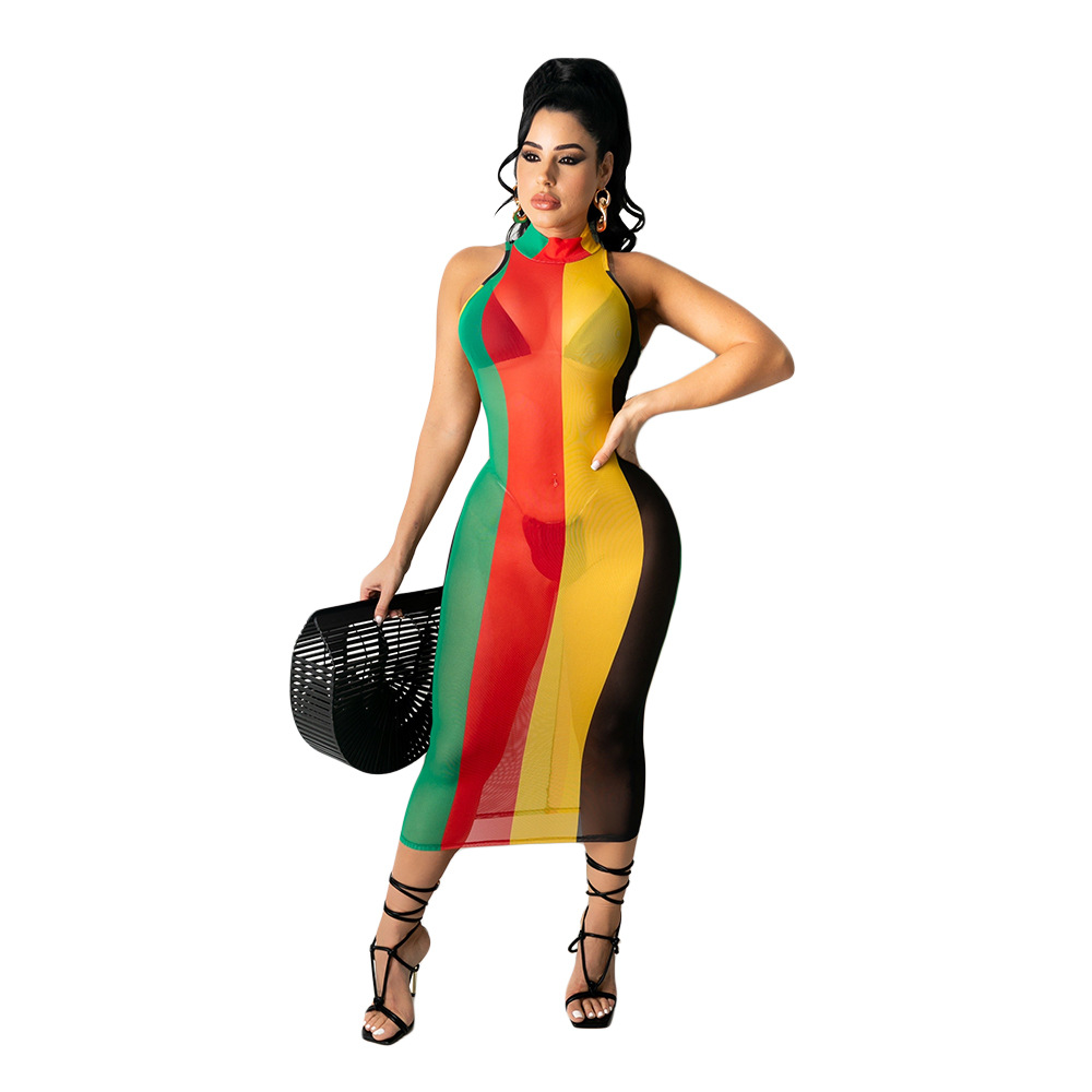 DY6994 Cross-border Source Amazon European and American Women's Perspective Sexy Mesh Printed Striped Sleeveless Dress