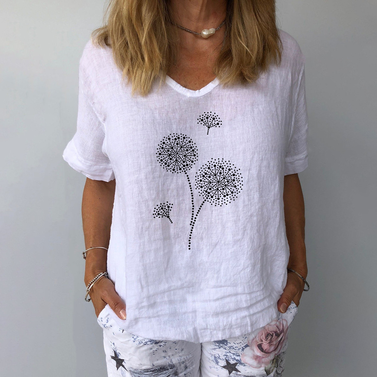 2023 Amazon Independent Station Europe and America Cross-border Best Selling Short-sleeved Cotton and Linen Loose Casual Pu Gongying Printed Top