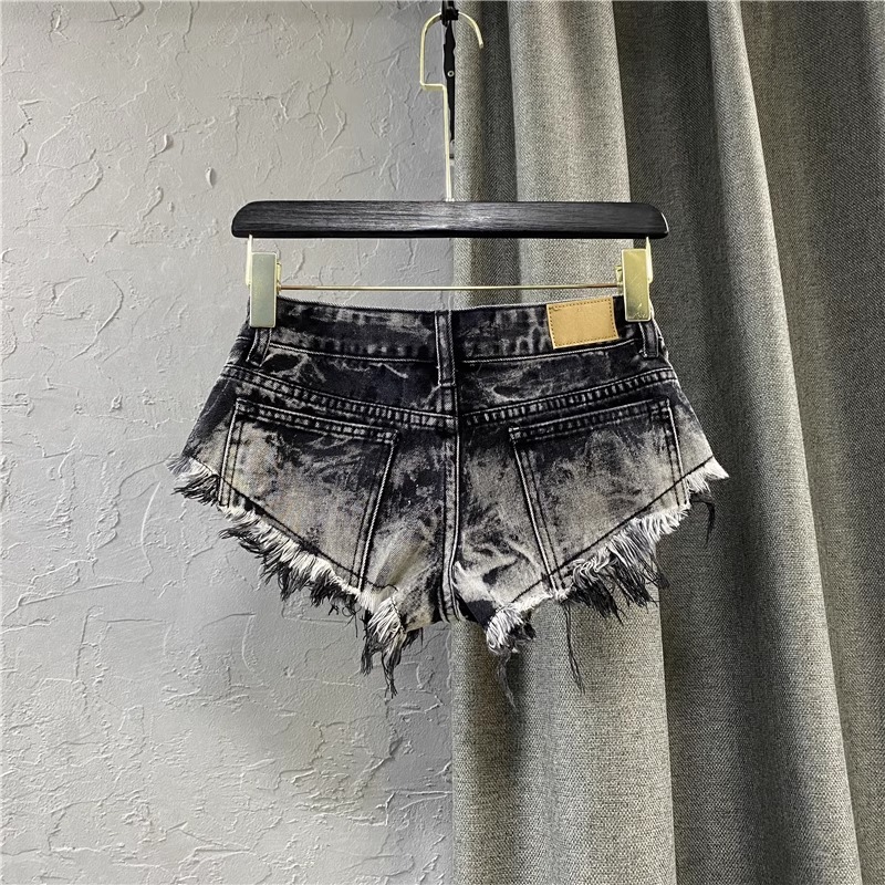 2023 new summer low waist light gray ripped frayed A- line hot pants Korean style women's personalized Denim shorts for women