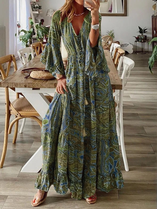 European and American Cross-border Bohemian Flare Sleeve Printed V-neck High Waist dress Floral Long Dress