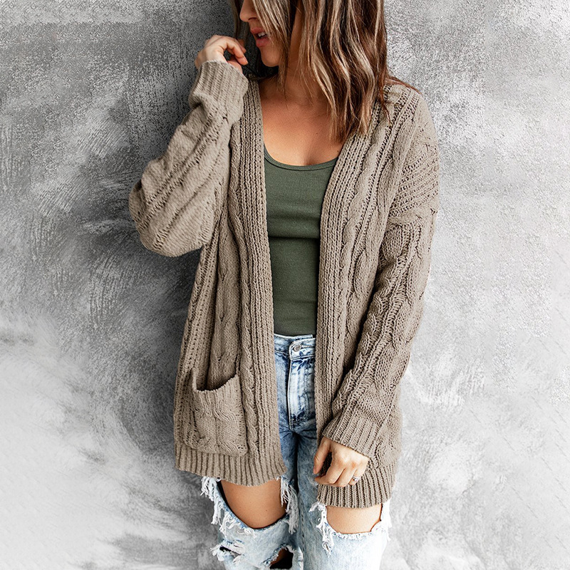 Cross-border Solid Color Pocket Long Twist Knitted Cardigan Jacket for Autumn and Winter 2023 New European and American Pocket Sweater for Women