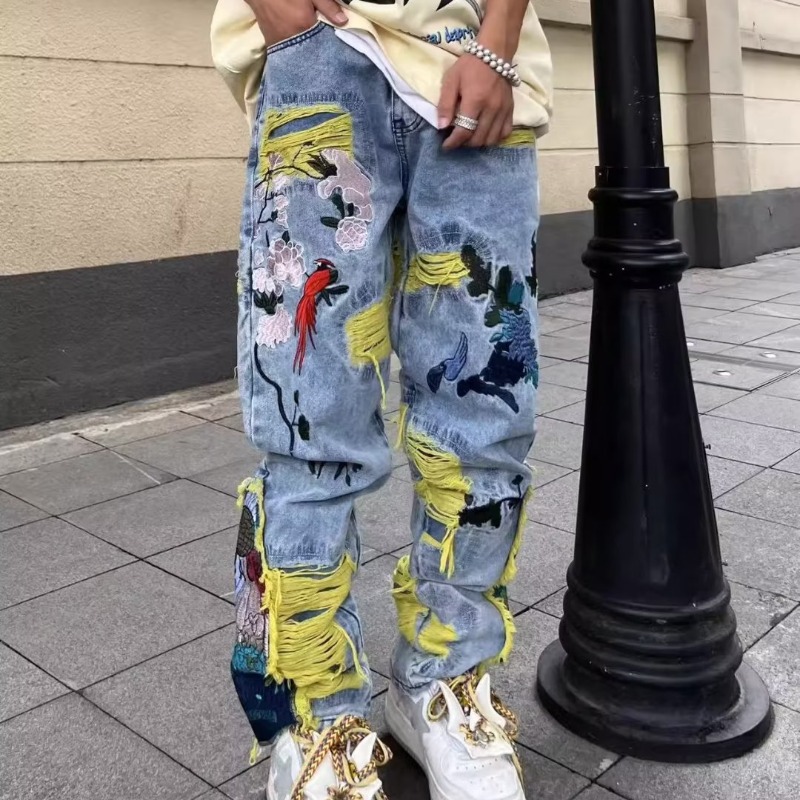 American Style Hong Kong Style Original American Style Street Heavy Embroidered Ripped Jeans Men's 2023 New Long Pants