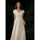 White Annual Meeting Evening Dress 2024 New Spring and Winter Banquet Elegant Satin Wedding License Travel Light Wedding Dress V-Neck