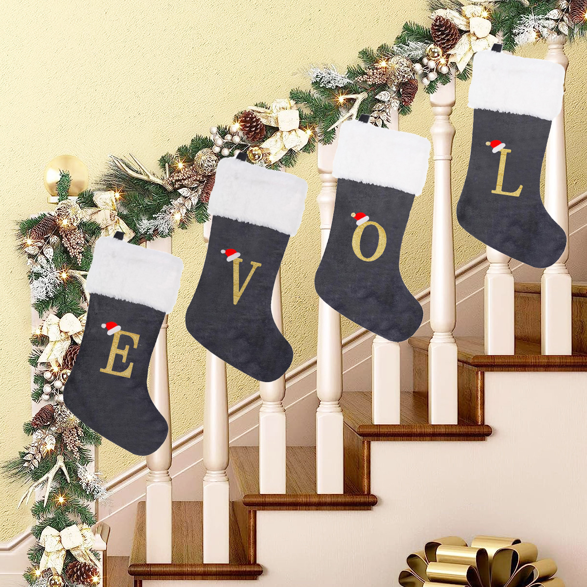 New in stock Christmas large flannel embroidered English letter decorative socks Christmas socks gift bag Christmas