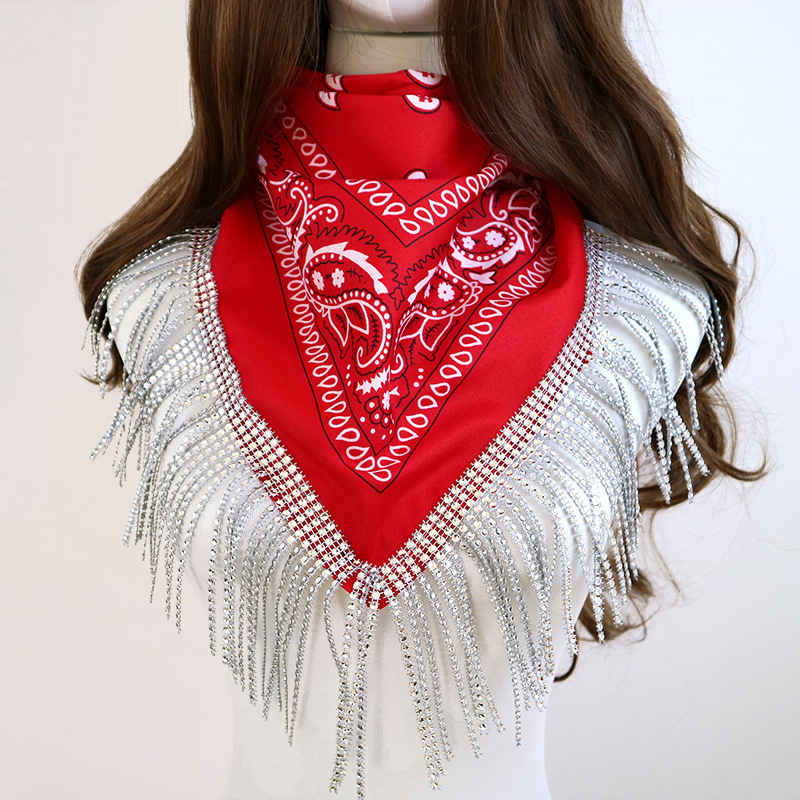 Diamond Tassel Big Handkerchief Cashew Turban Hip-hop Hip-hop Turban Denim Party Accessories fringe bandana