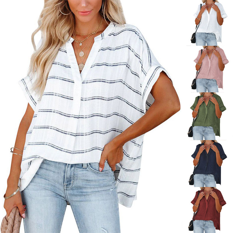 European and American Foreign Trade Women's 2023 Amazon Summer New Short-sleeved Thin V-neck Pullover Shirt Loose Shirt for Women