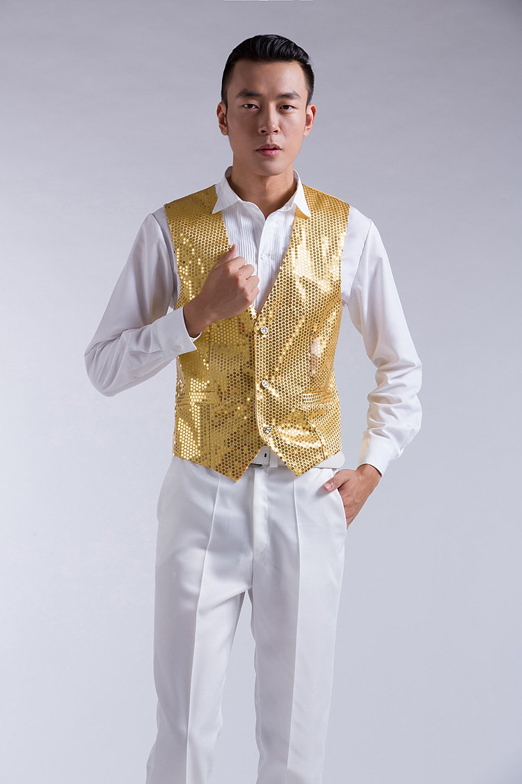 Stage Performance Clothing Men's Sequin Vest New Black and White Gold and Silver Blue Red Host Chorus Dance Vest