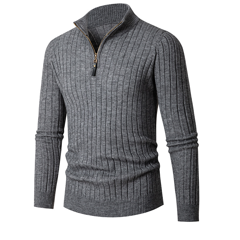 2024 foreign trade autumn and winter New European and American men's long sleeve vertical bar half turtleneck zipper bottoming sweater men's sweater