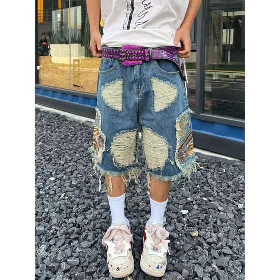 European and American street fashion hip hop men and women couple ins fashion brand ripped Embroidered Tassel High Street Denim shorts