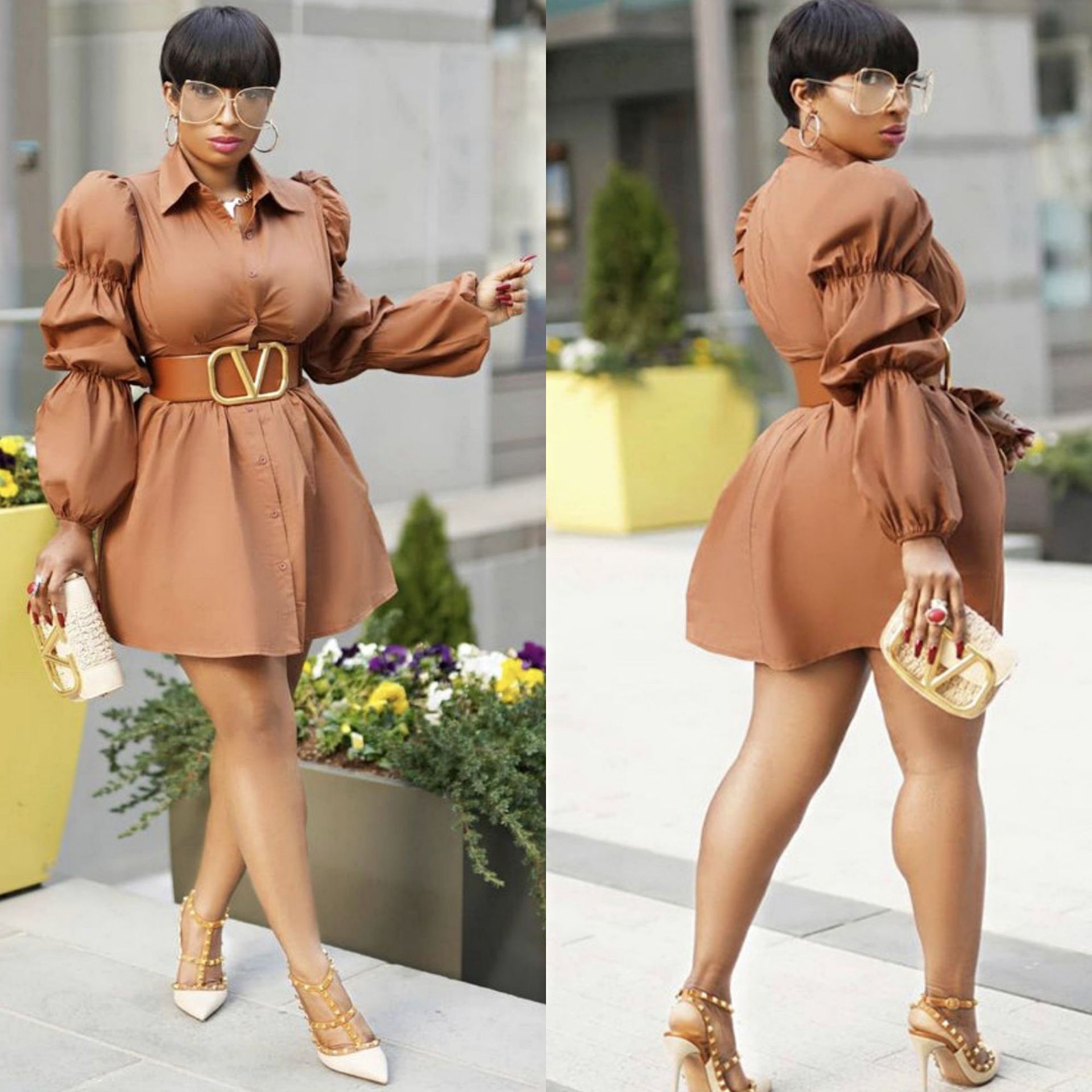 2024 New African cross-border plus size women's clothing open collar casual puff sleeve waist shirt short dress