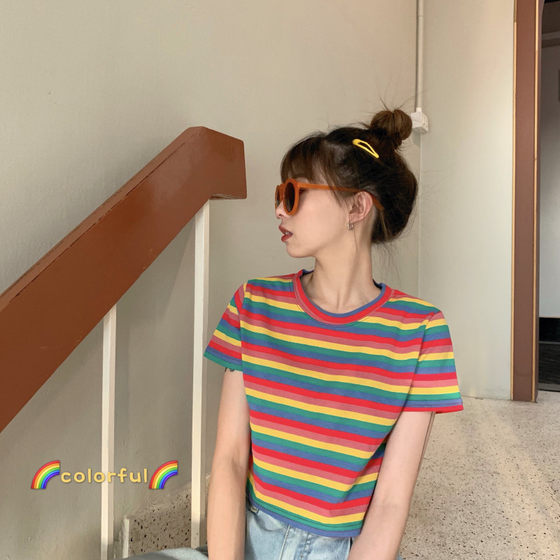 Super Popular cec Loose Rainbow Striped Short-sleeved T-shirt Women's Instagram Popular 2021 New Summer Short Short-sleeved T-shirt Top