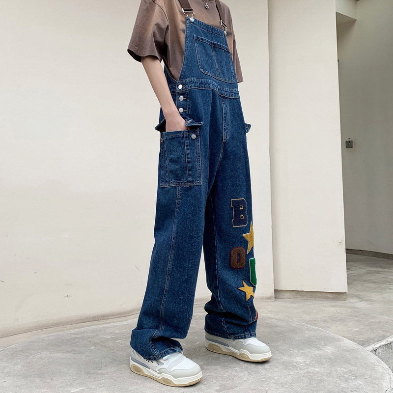 Hip Hop Retro Towel Embroidered Denim Strap Pants for Men and Women Autumn 2023 New Loose Straight Harron Wide Leg Pants