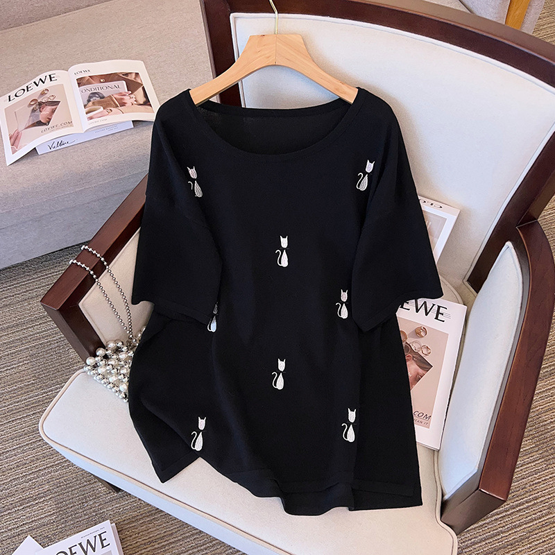 Large size women's summer ice silk knitted jacket fat sister slim 200/300kg short sleeve T-shirt 8188
