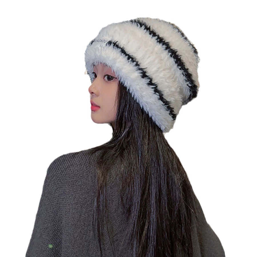 Woolen hat autumn and winter women's all-match knitted closed toe small warm white plush cold hat big head circumference